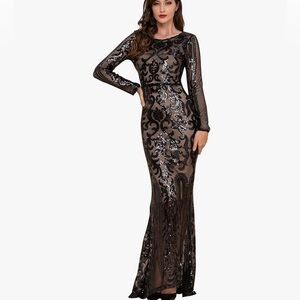 Women Evening Dress Black Sequin Long Sleeve Mermaid Crew Neck Cocktail Dress